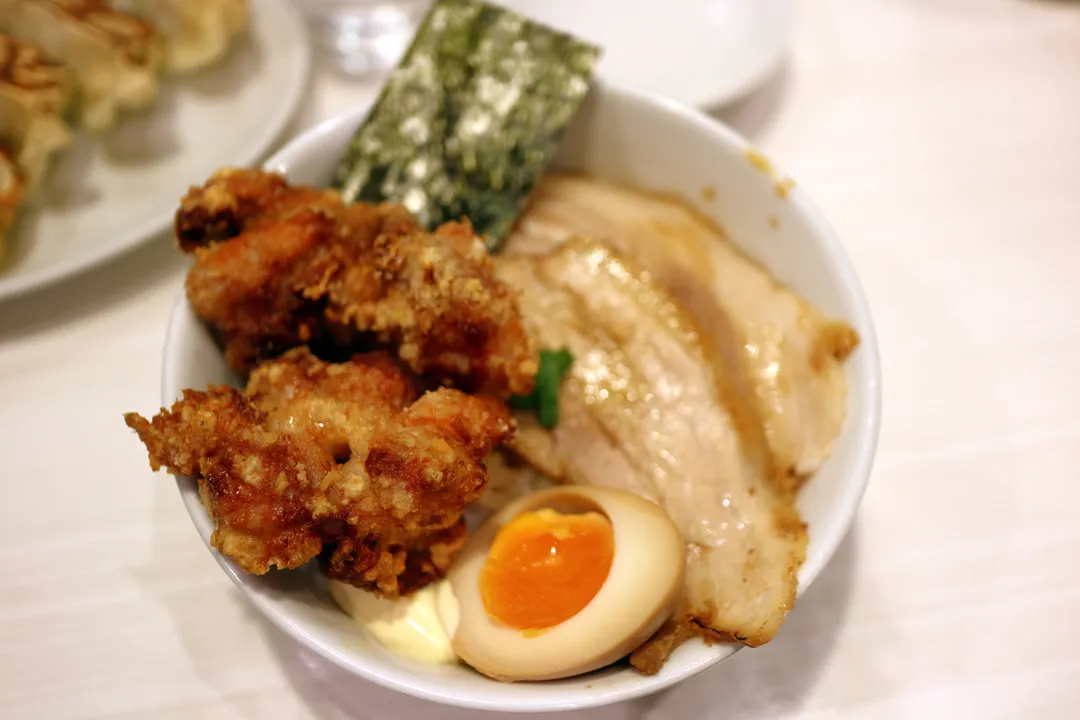 Bowl of ramen with fried chicken