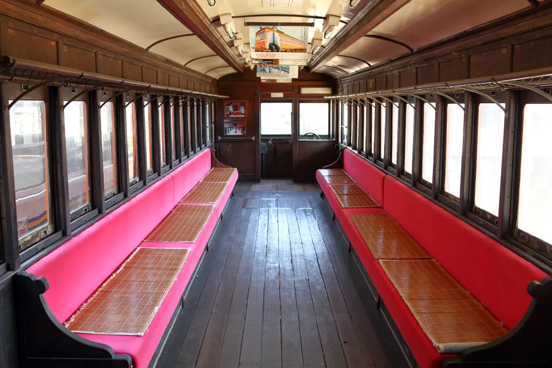 Interior of the preserved train at Dentetsu Izumoshi Station