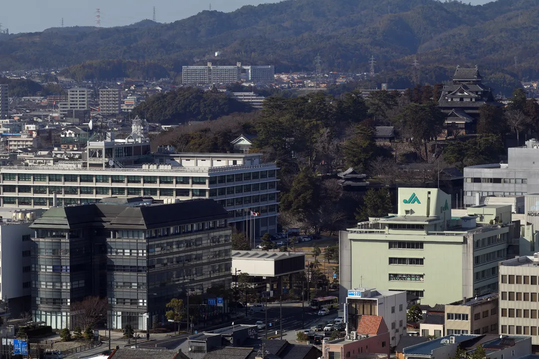 View of Matsue Castle and government buildings