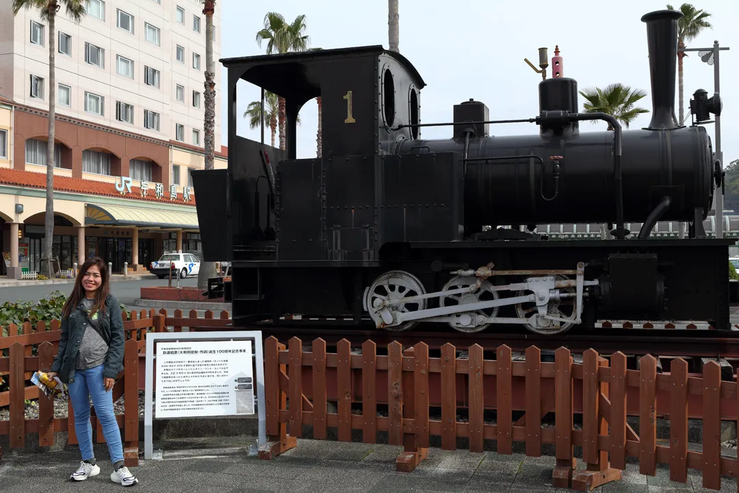 Preserved steam locomotive in front of Uwajima Station