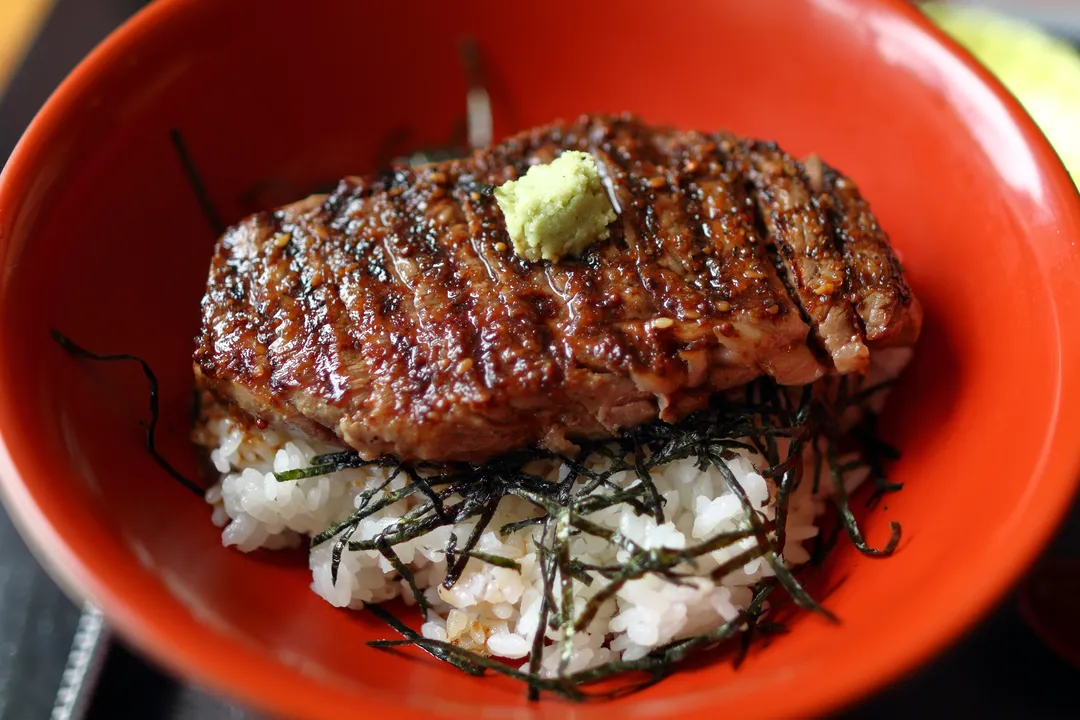 Hida beef rice bowl with wasabi and seaweed