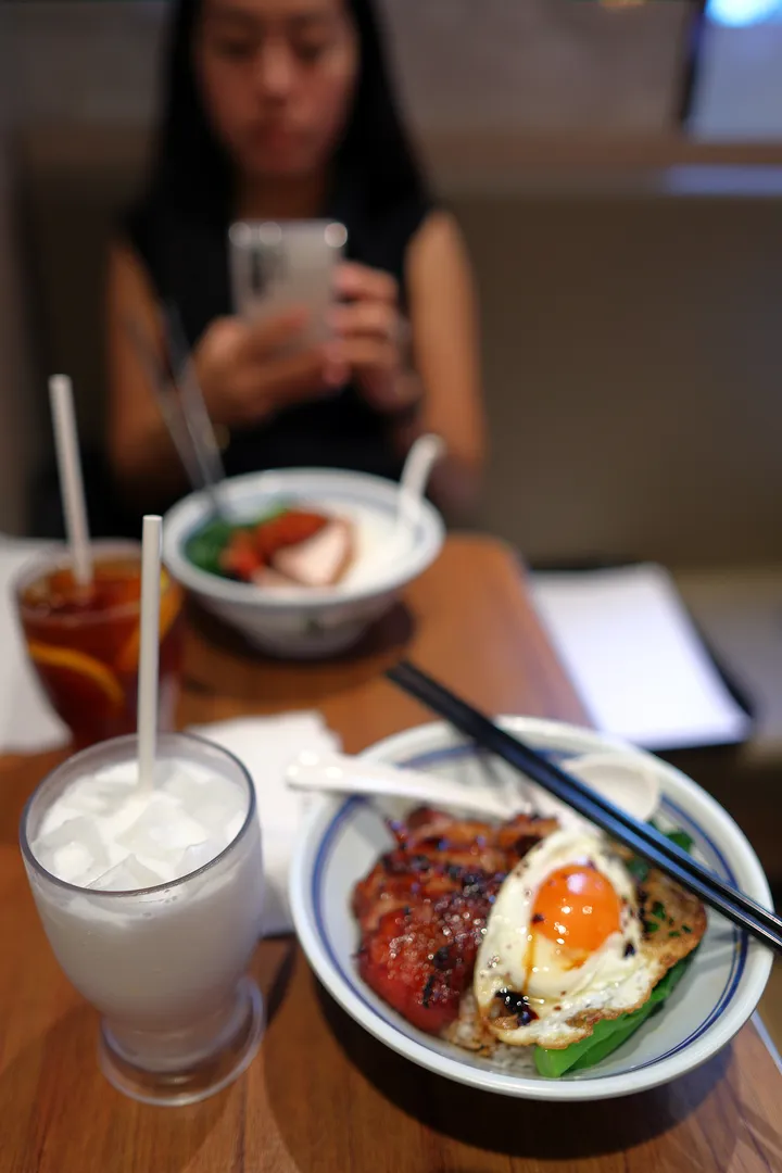 Char siu pork with egg, vegetables, and rice