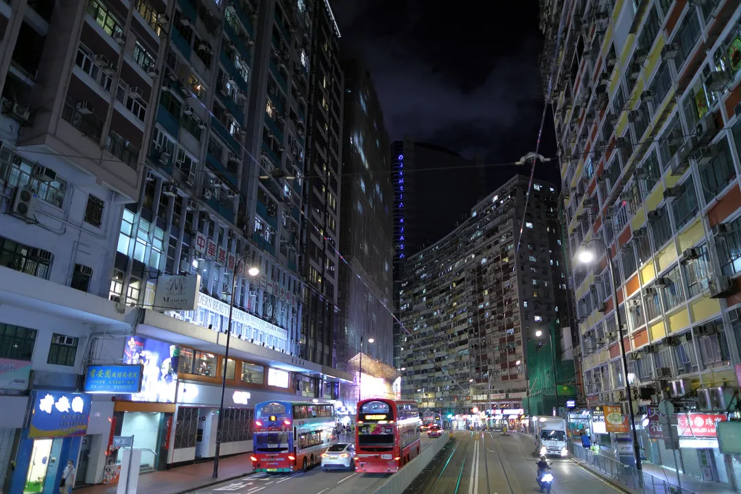 Residential buildings along a curve in the road