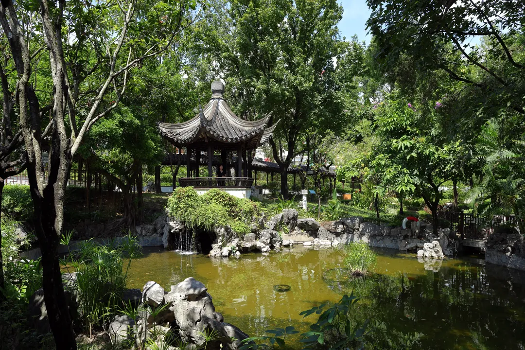 Chinese pavilion overlooking a pond