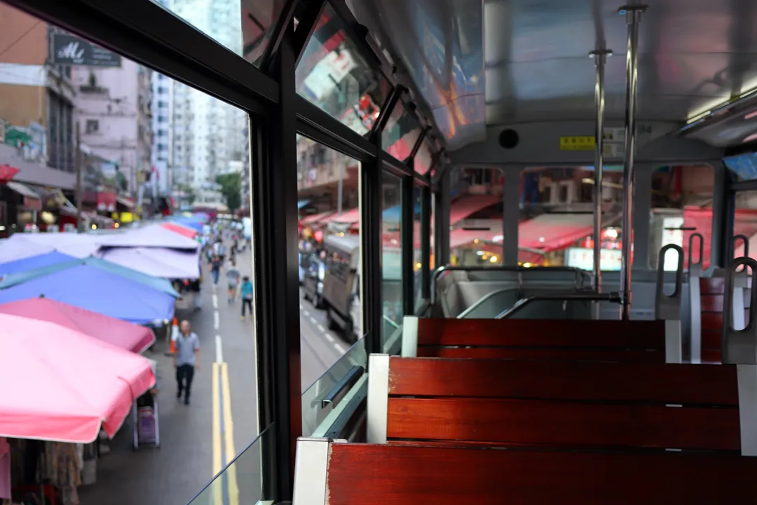 Inside a tram going through the market